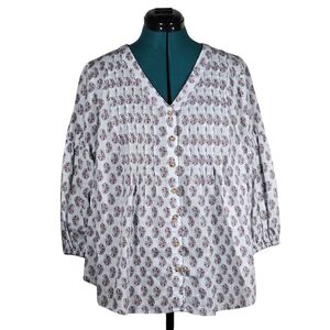 J. Jill Madeira Paisley PIntuck Peasan Cotton Top Blouse Medium Petite Like New